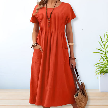 Women's Summer Pleated Short Sleeve Maxi Dress With Pockets