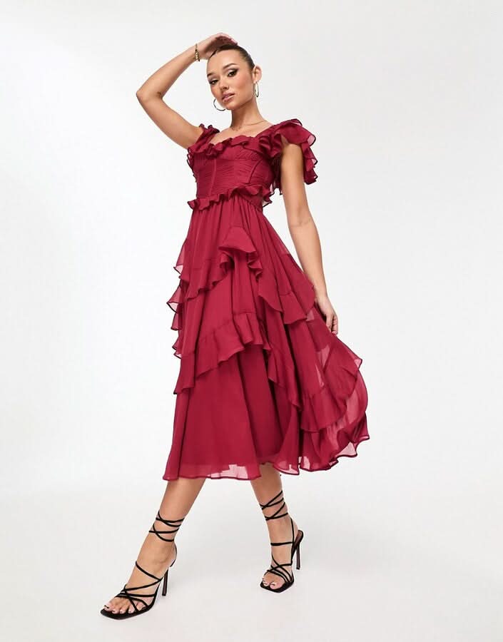 Women's Wedding Guest Ruffle Square Neck Midi Dress