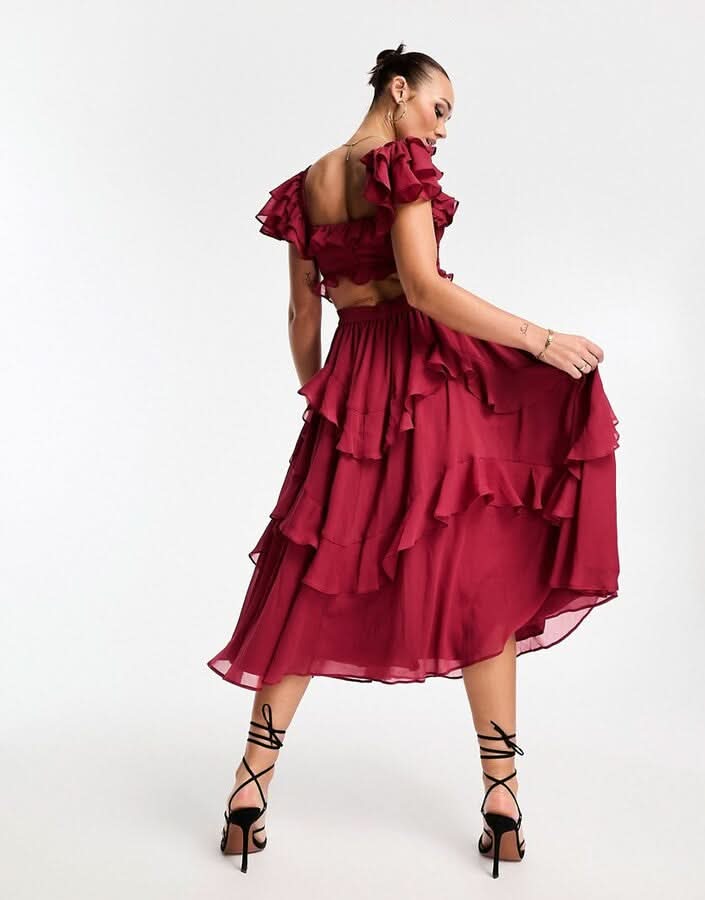 Women's Wedding Guest Ruffle Square Neck Midi Dress