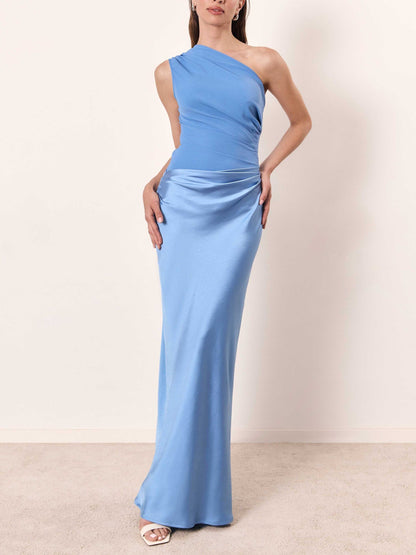 Women's Wedding Guest One Shoulder Pleated Maxi Dress