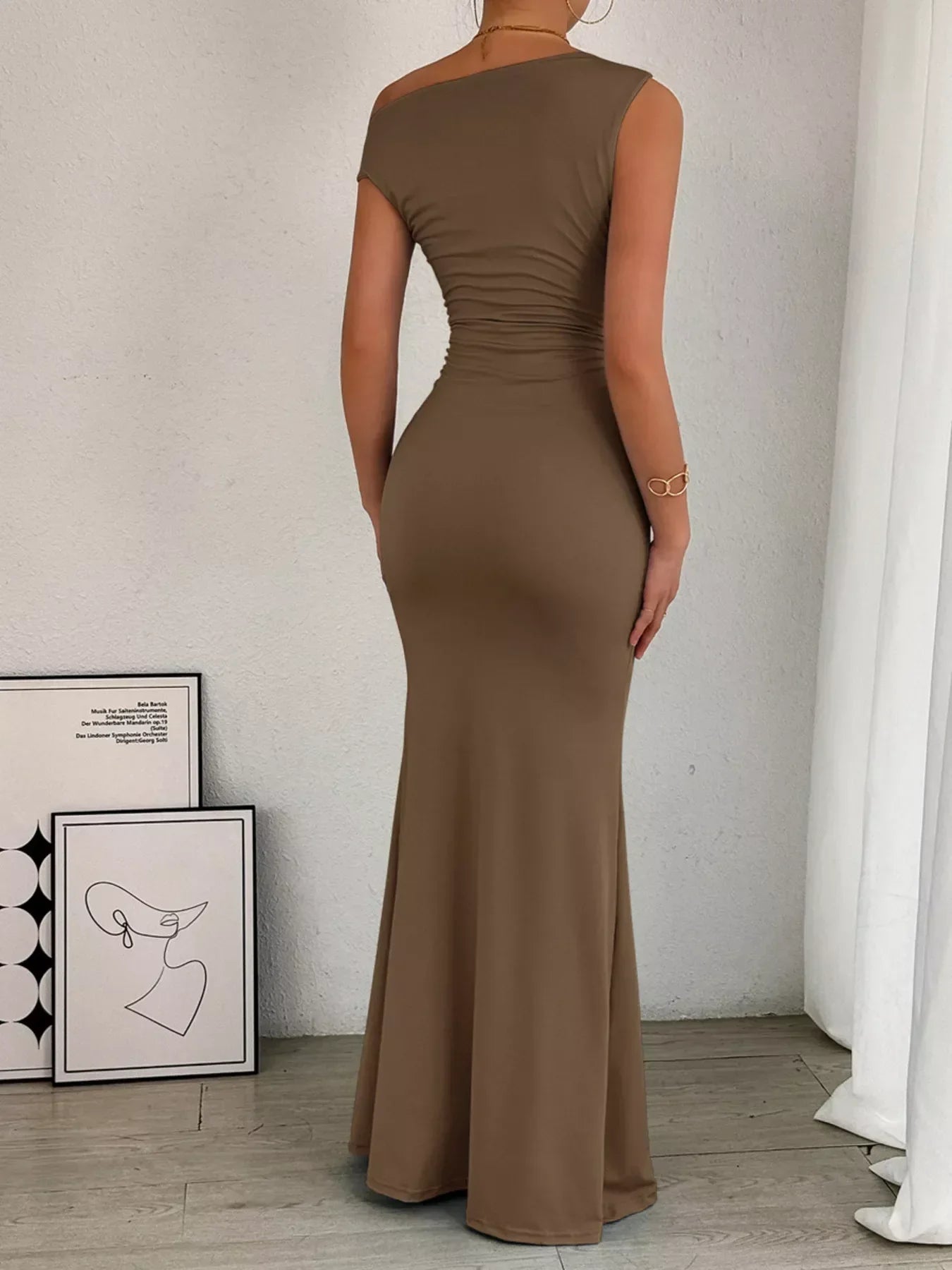 Women's Cocktail One Shoulder Ruched Bodycon Maxi Dress