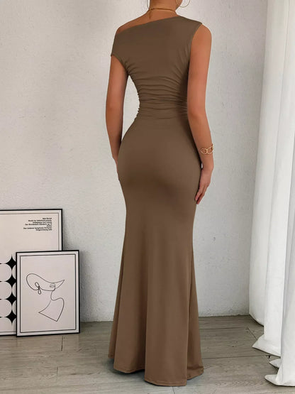 Women's Cocktail One Shoulder Ruched Bodycon Maxi Dress