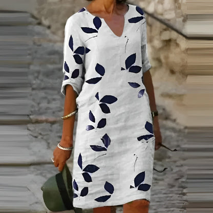 Women's Summer Leaf Print V Neck Mini Shift Dress
