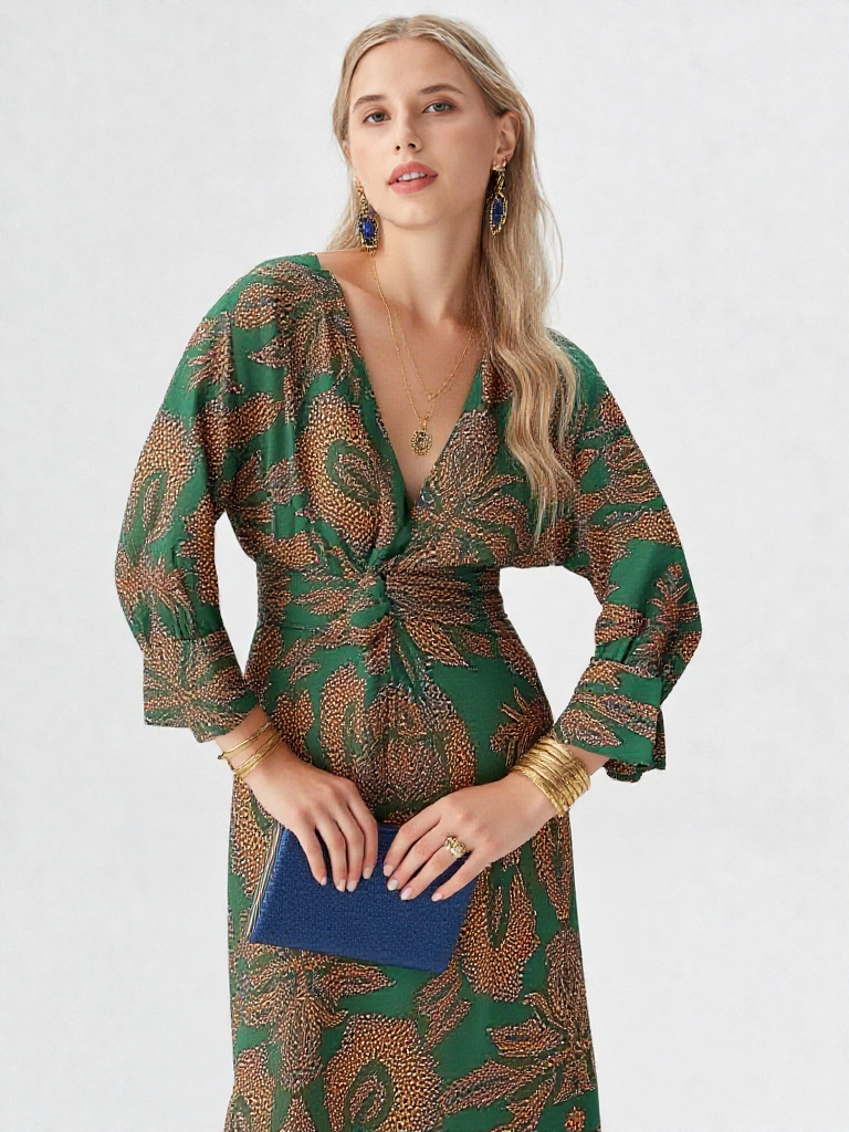 Elegancka Sukienka Midi z Wzorem