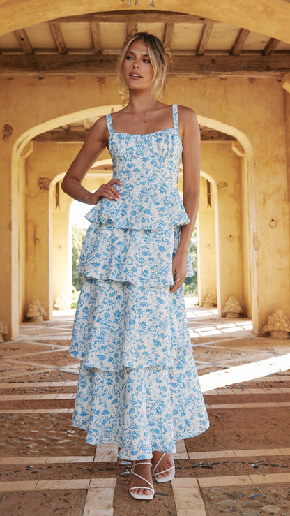 Women's Wedding Guest Floral Square Neck Maxi Dress