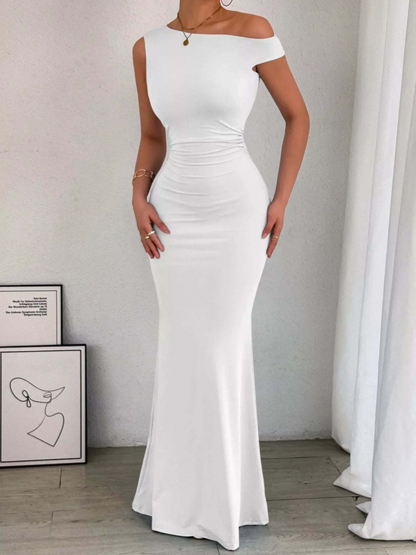 Women's Cocktail One Shoulder Ruched Bodycon Maxi Dress
