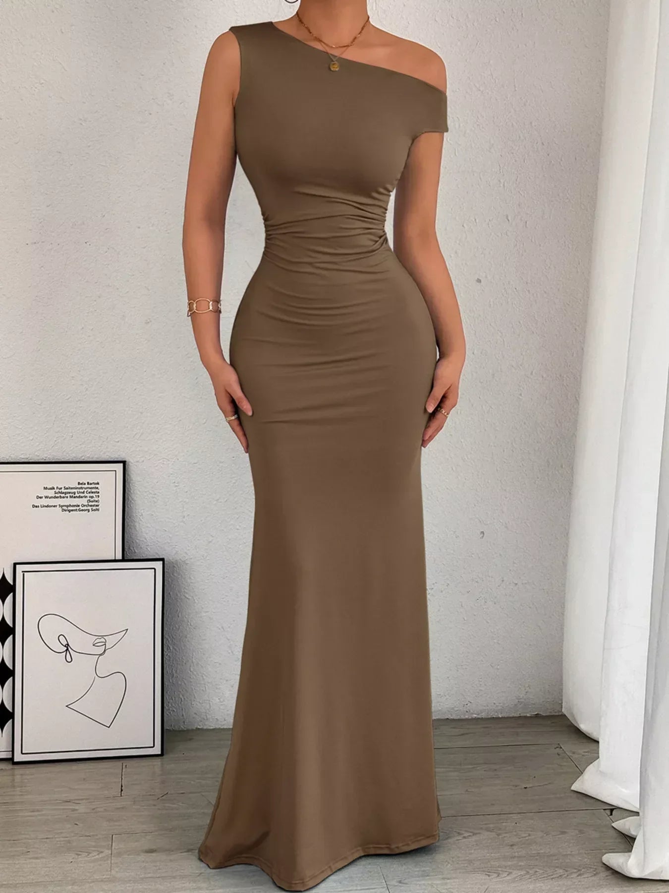 Women's Cocktail One Shoulder Ruched Bodycon Maxi Dress