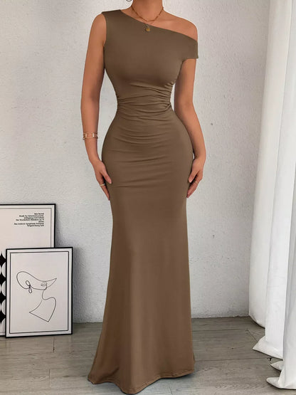 Women's Cocktail One Shoulder Ruched Bodycon Maxi Dress