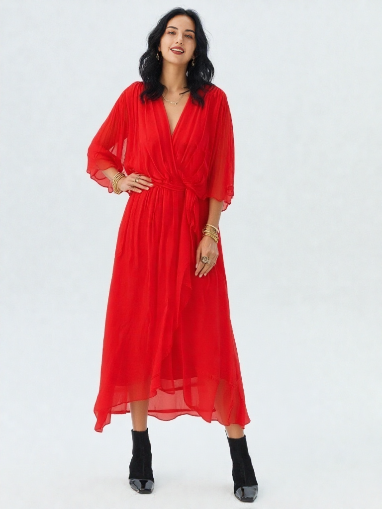 Elegancka sukienka midi z wiązaniem w talii