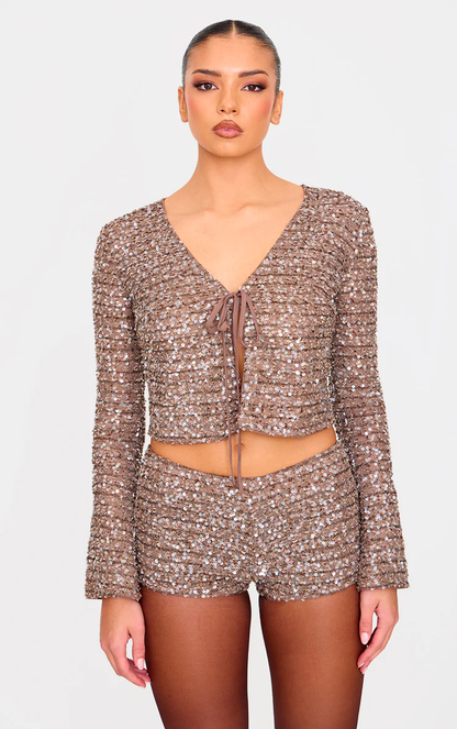 Women's Cocktail Sequin Tie Front Long Sleeve Shorts Set