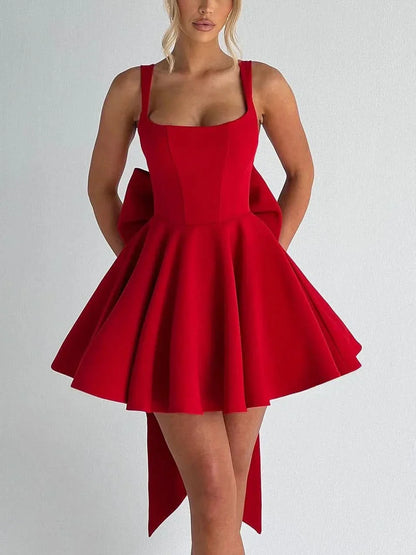 Women's Cocktail Bow Mini Square Neck Skater Dress