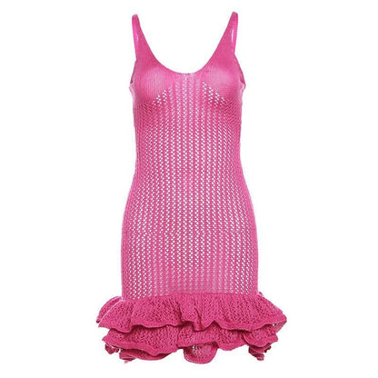 Women's Summer Crochet Scoop Neck Ruffle Mini Dress