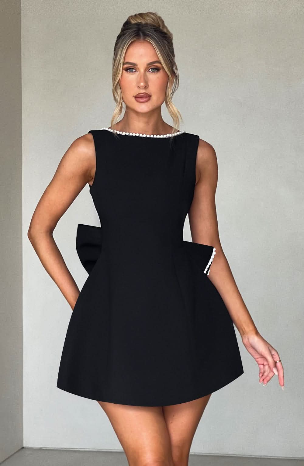 Women's Wedding Guest Pearl Trim Sleeveless Mini Dress