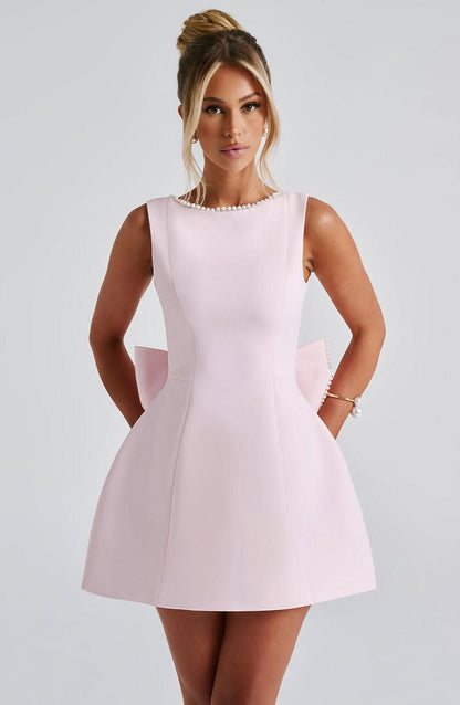 Women's Wedding Guest Pearl Trim Sleeveless Mini Dress