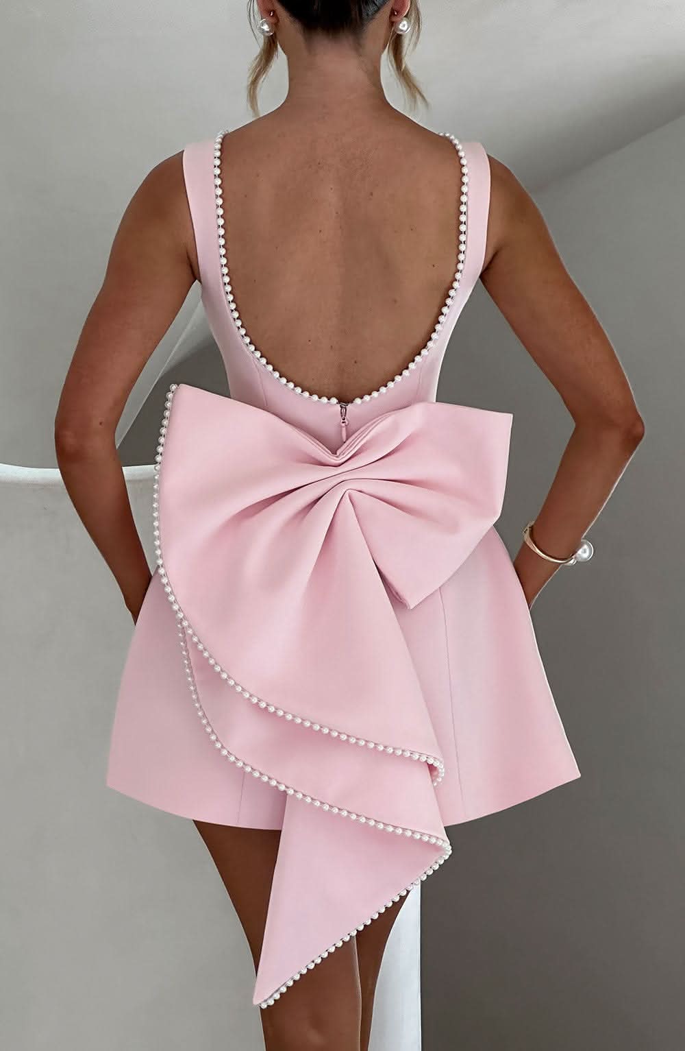Women's Wedding Guest Pearl Trim Sleeveless Mini Dress
