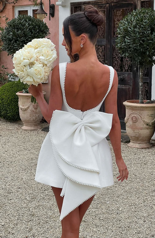 Women's Wedding Guest Pearl Trim Sleeveless Mini Dress