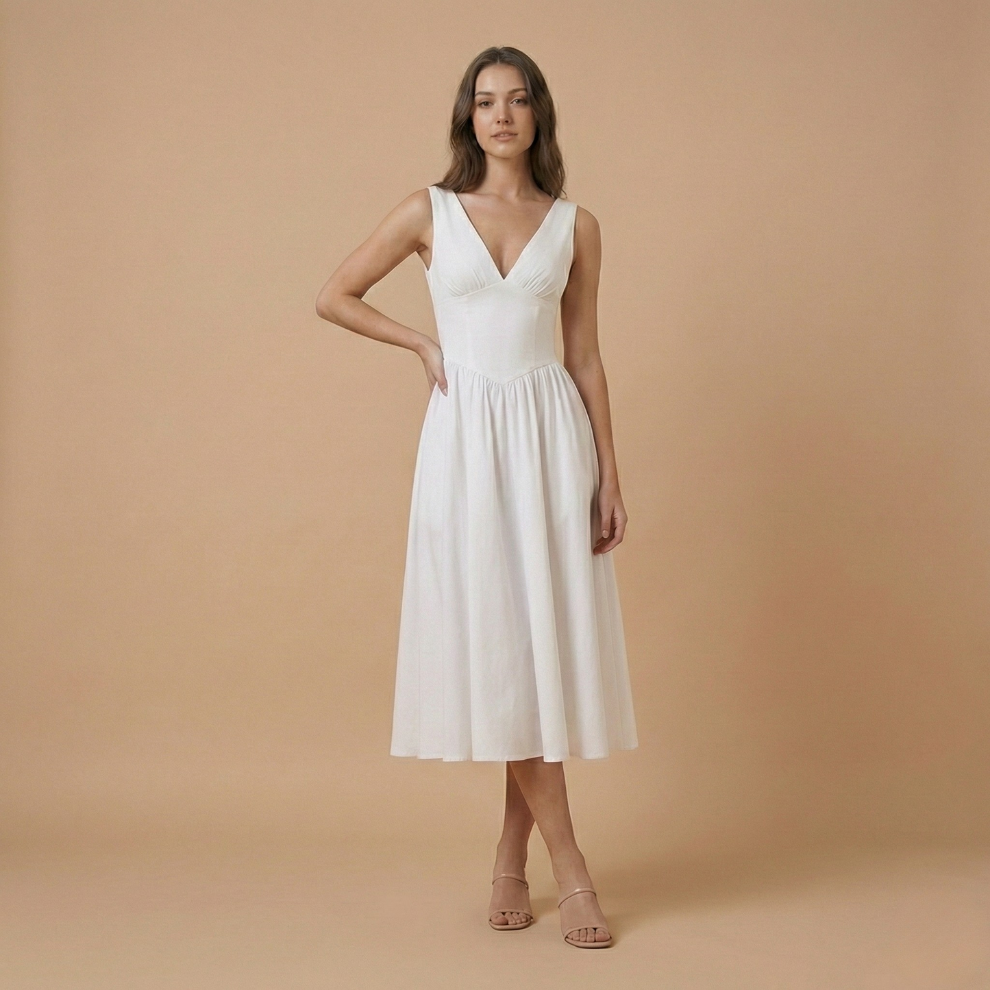 Women's Wedding Guest Deep V Neck Midi A Line Dress