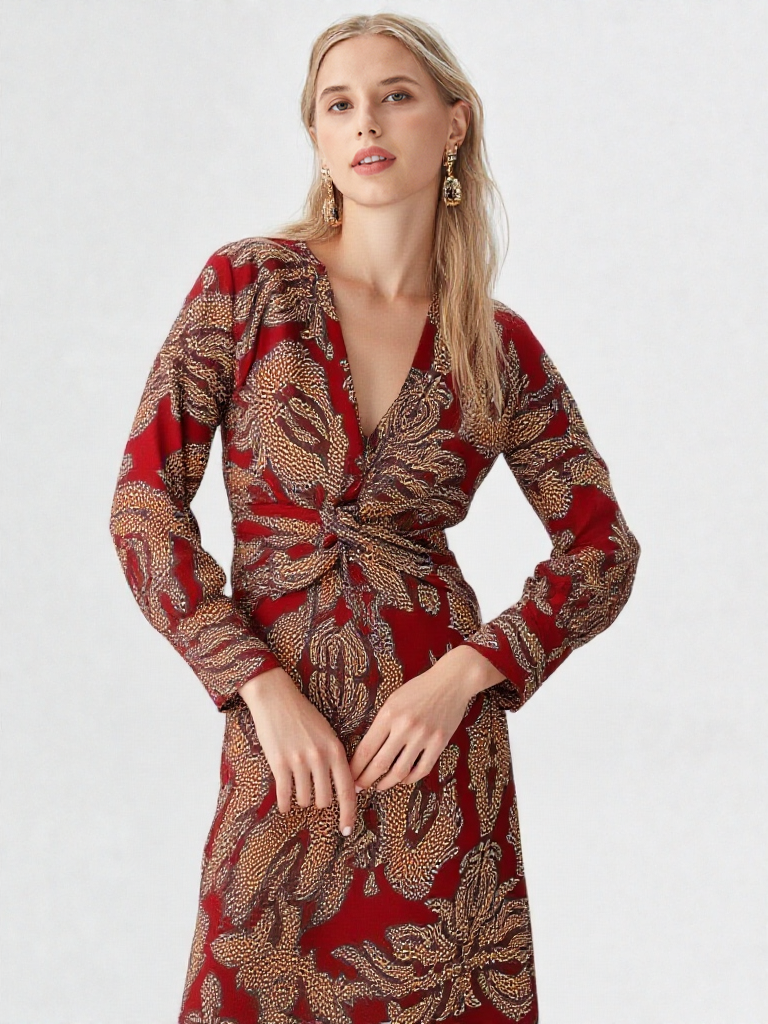 Elegancka Sukienka Midi z Wzorem