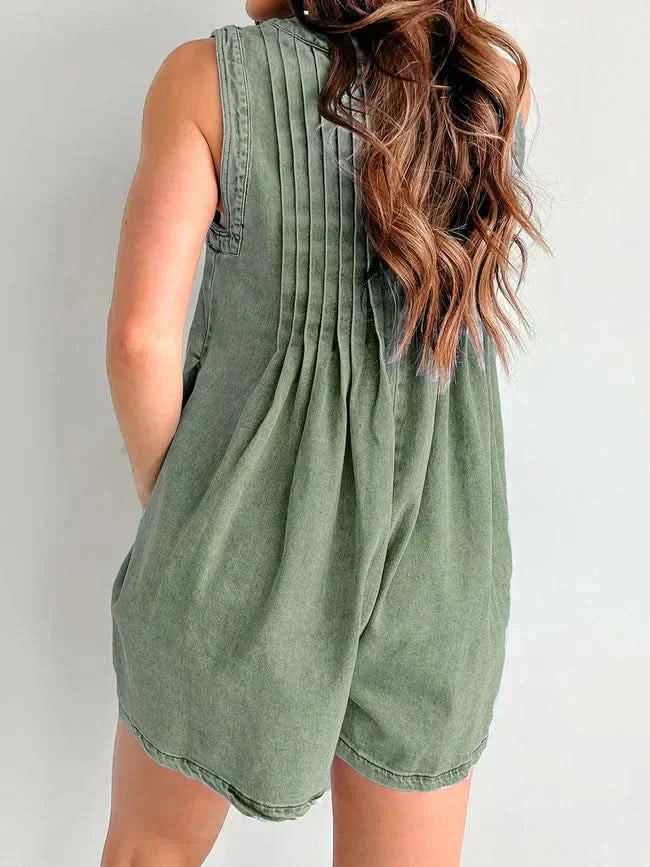 Women's Summer V Neck Sleeveless Denim Romper With Pockets