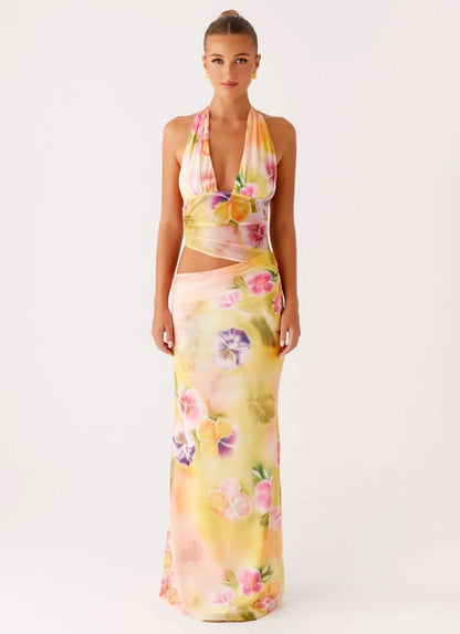 Women's Wedding Guest Floral Halter V Neck Midi Dress