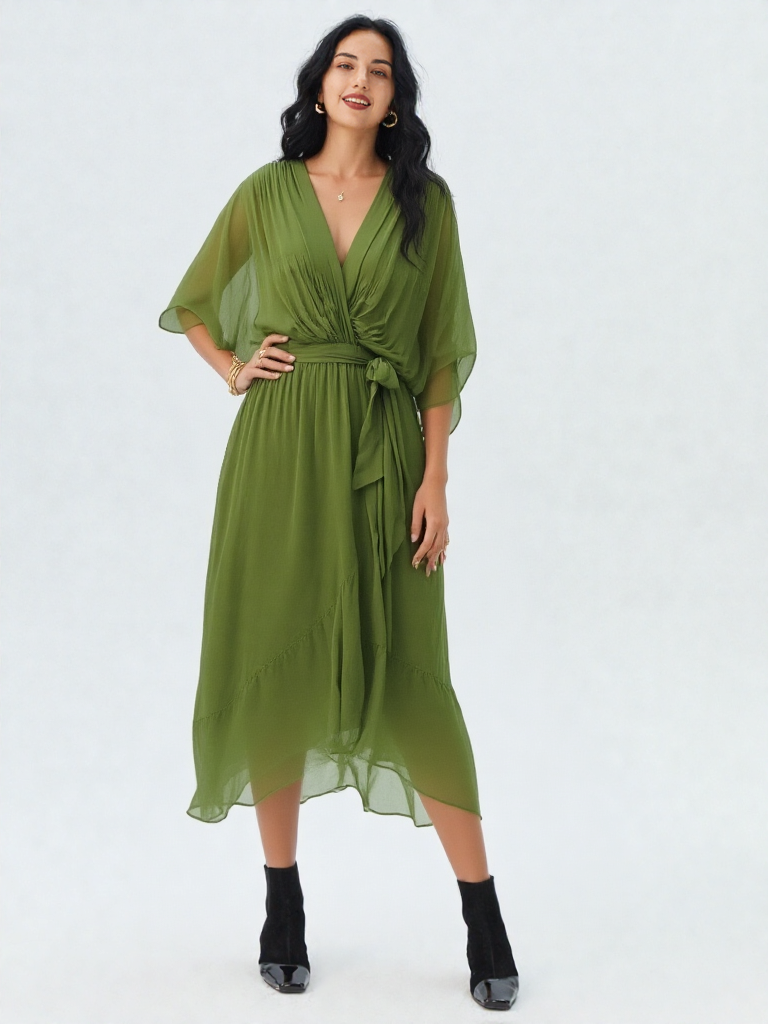 Elegancka sukienka midi z wiązaniem w talii