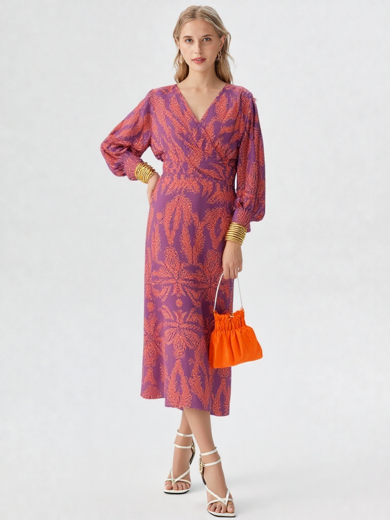 Elegancka Sukienka Midi z Wzorem