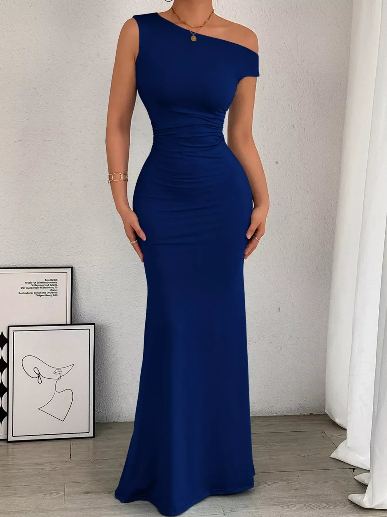 Women's Cocktail One Shoulder Ruched Bodycon Maxi Dress
