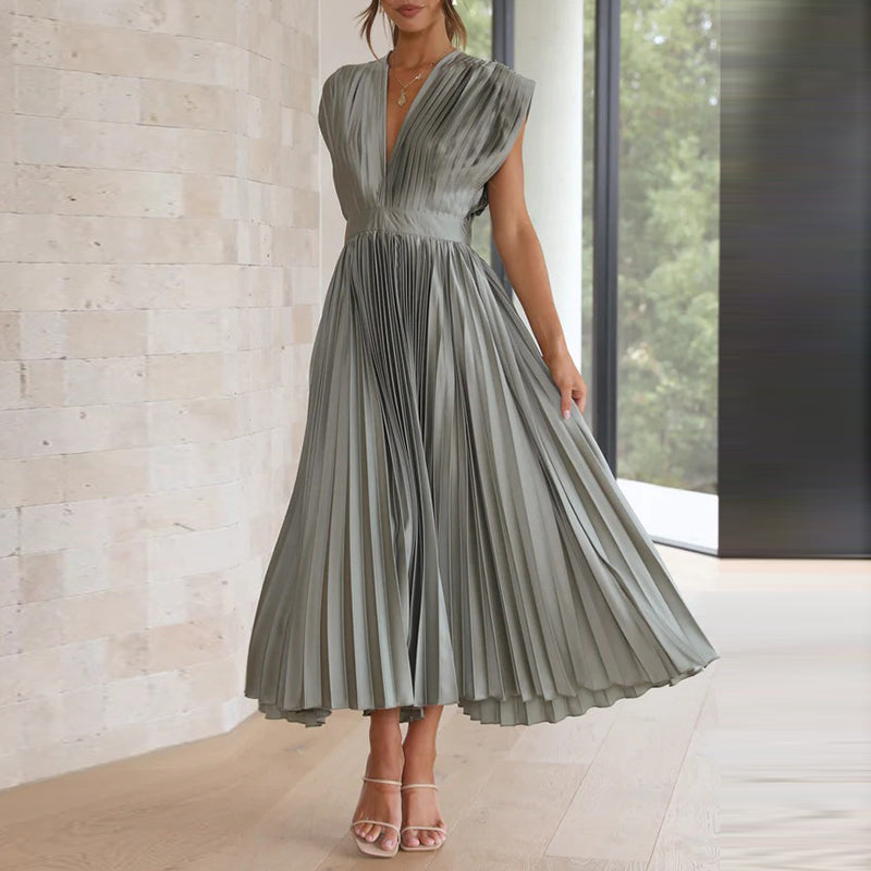 Women's Cocktail Pleated V Neck Cap Sleeve Midi Dress