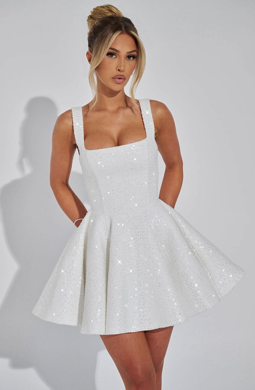 Women's Wedding Guest Sequin Square Neck Mini Dress