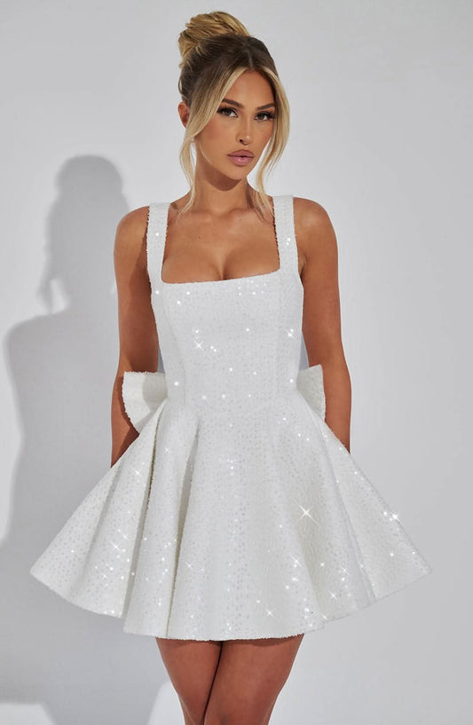 Women's Wedding Guest Sequin Square Neck Mini Dress