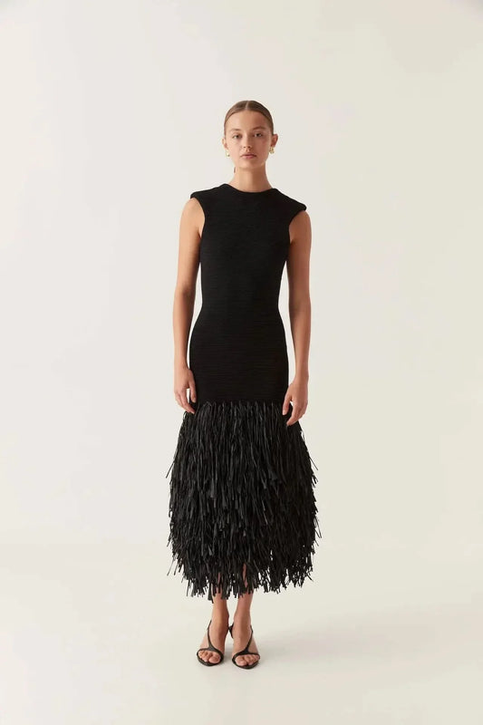 Women's Cocktail Sleeveless Fringe Midi Dress
