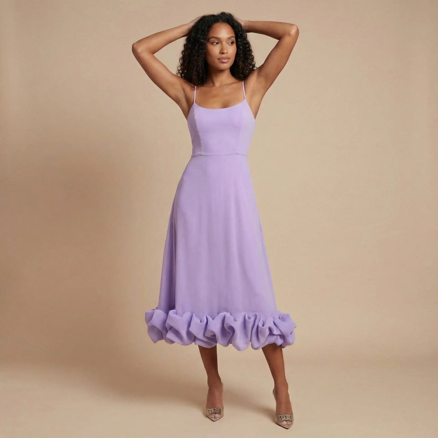 Women's Cocktail Square Neck Ruffle Hem Midi Dress