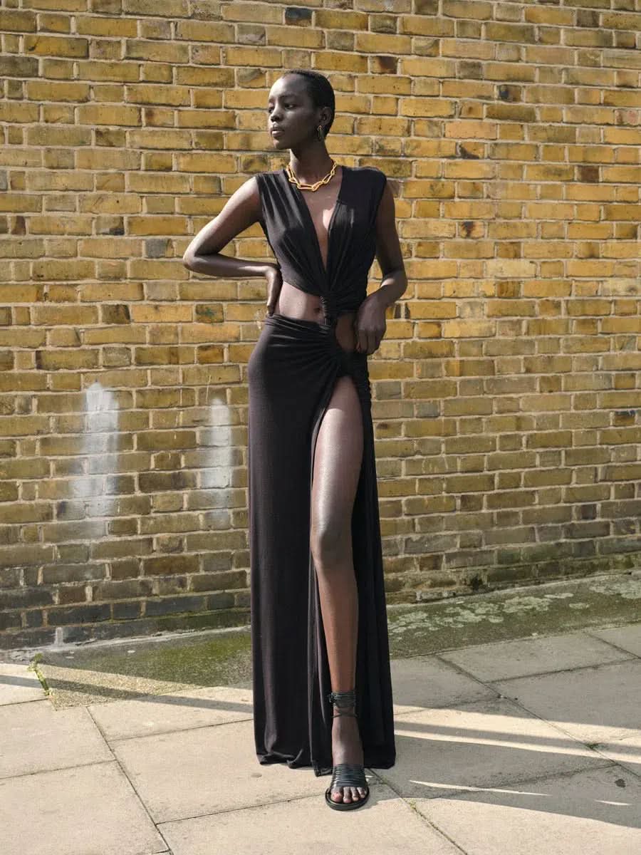 Women's Wedding Guest Cutout V Neck Slit Maxi Dress