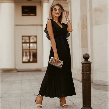 Women's Wedding Guest Pleated V Neck Maxi Dress