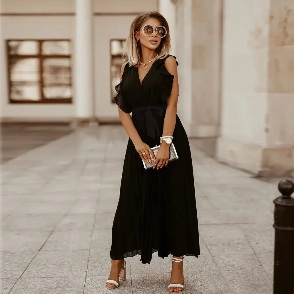 Women's Wedding Guest Pleated V Neck Maxi Dress