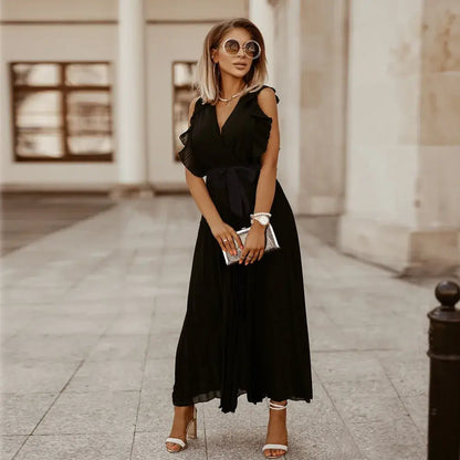 Women's Wedding Guest Pleated V Neck Maxi Dress