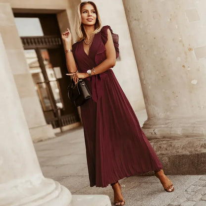 Women's Wedding Guest Pleated V Neck Maxi Dress