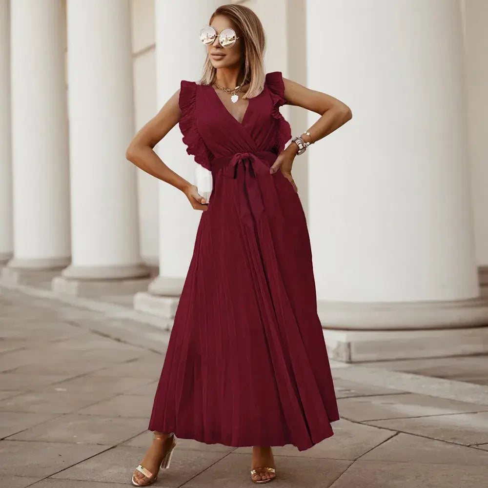 Women's Wedding Guest Pleated V Neck Maxi Dress