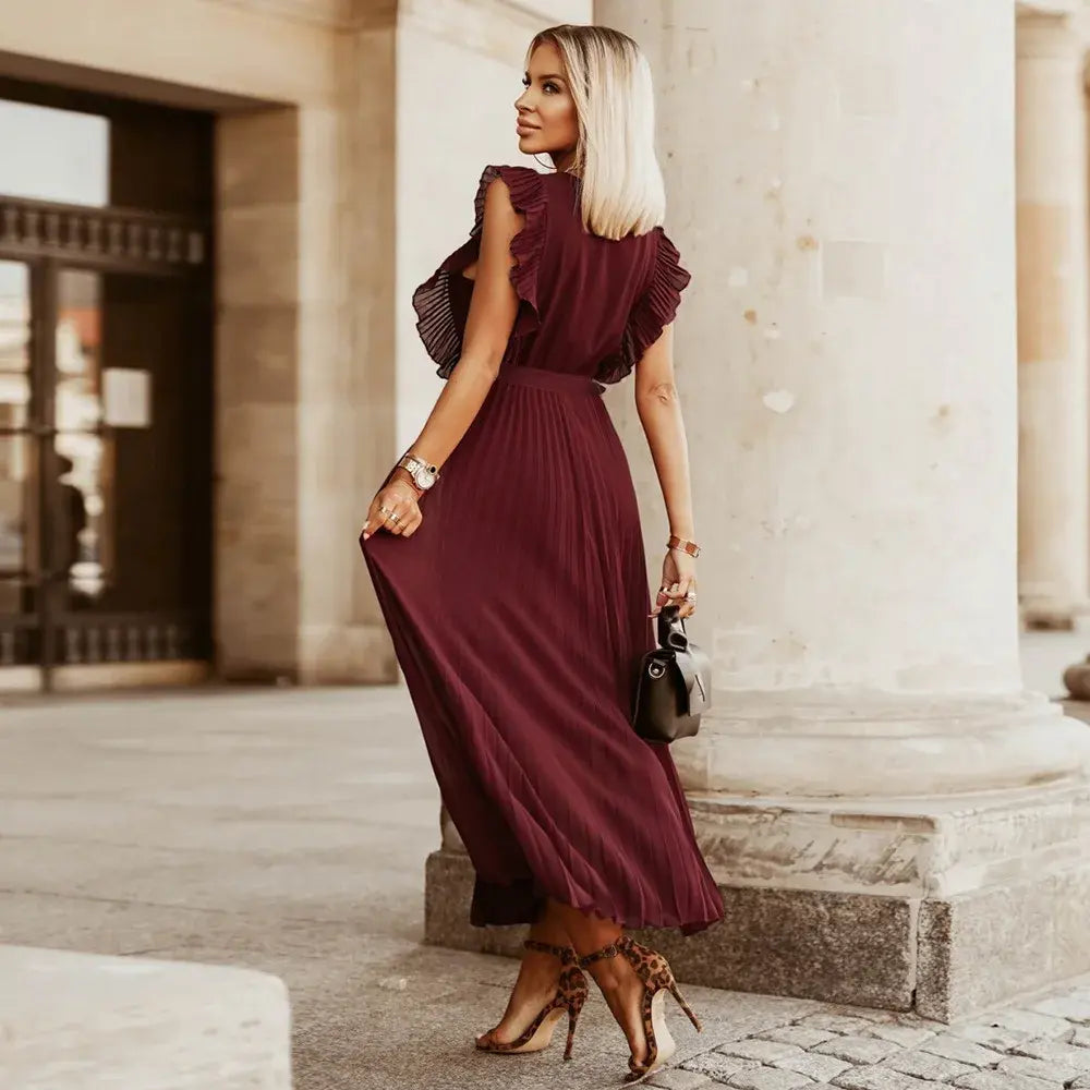 Women's Wedding Guest Pleated V Neck Maxi Dress