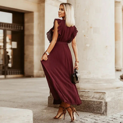 Women's Wedding Guest Pleated V Neck Maxi Dress