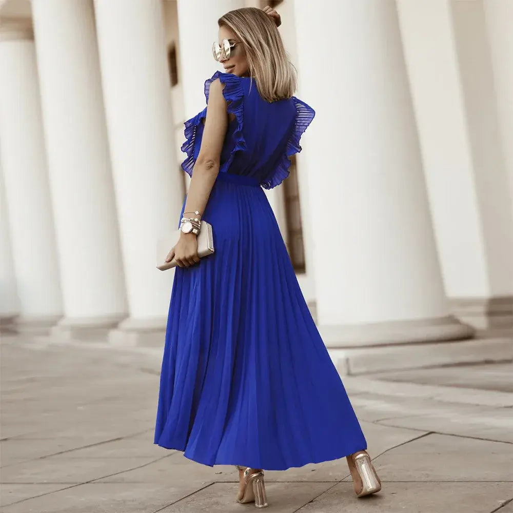 Women's Wedding Guest Pleated V Neck Maxi Dress