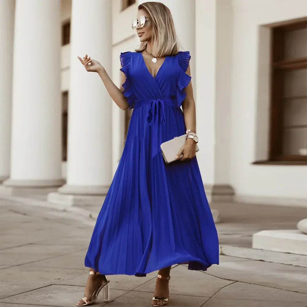 Women's Wedding Guest Pleated V Neck Maxi Dress