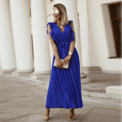 Women's Wedding Guest Pleated V Neck Maxi Dress