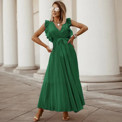 Women's Wedding Guest Pleated V Neck Maxi Dress