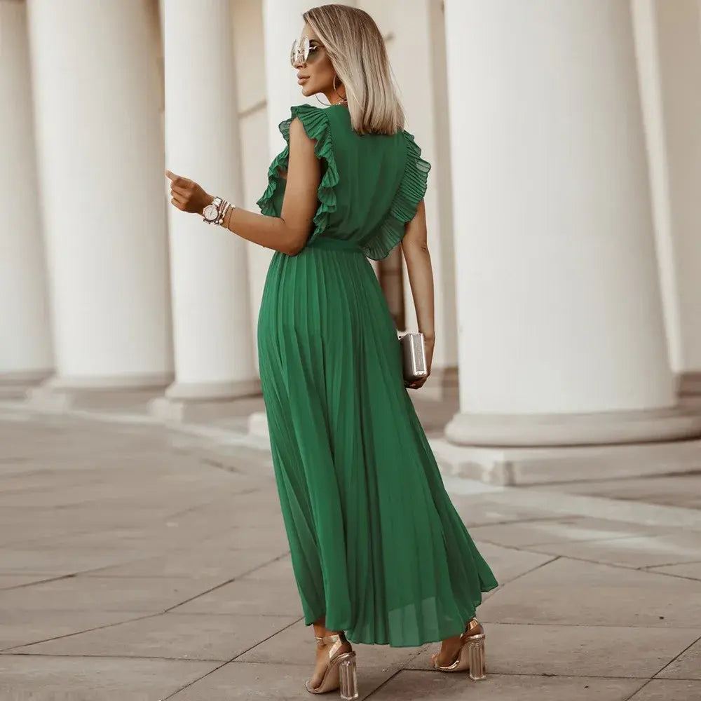 Women's Wedding Guest Pleated V Neck Maxi Dress