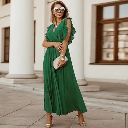 Women's Wedding Guest Pleated V Neck Maxi Dress
