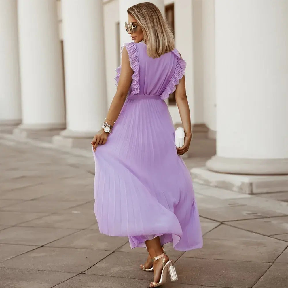 Women's Wedding Guest Pleated V Neck Maxi Dress