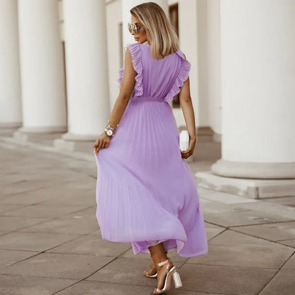 Women's Wedding Guest Pleated V Neck Maxi Dress