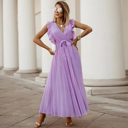 Women's Wedding Guest Pleated V Neck Maxi Dress