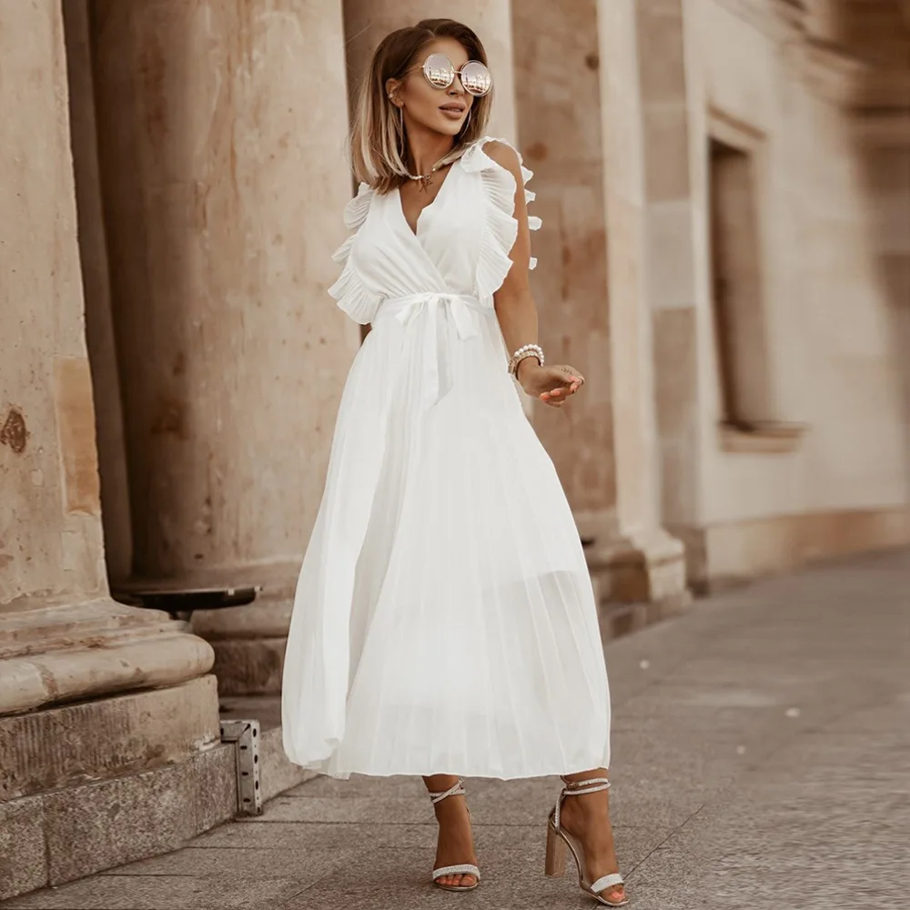 Women's Wedding Guest Pleated V Neck Maxi Dress
